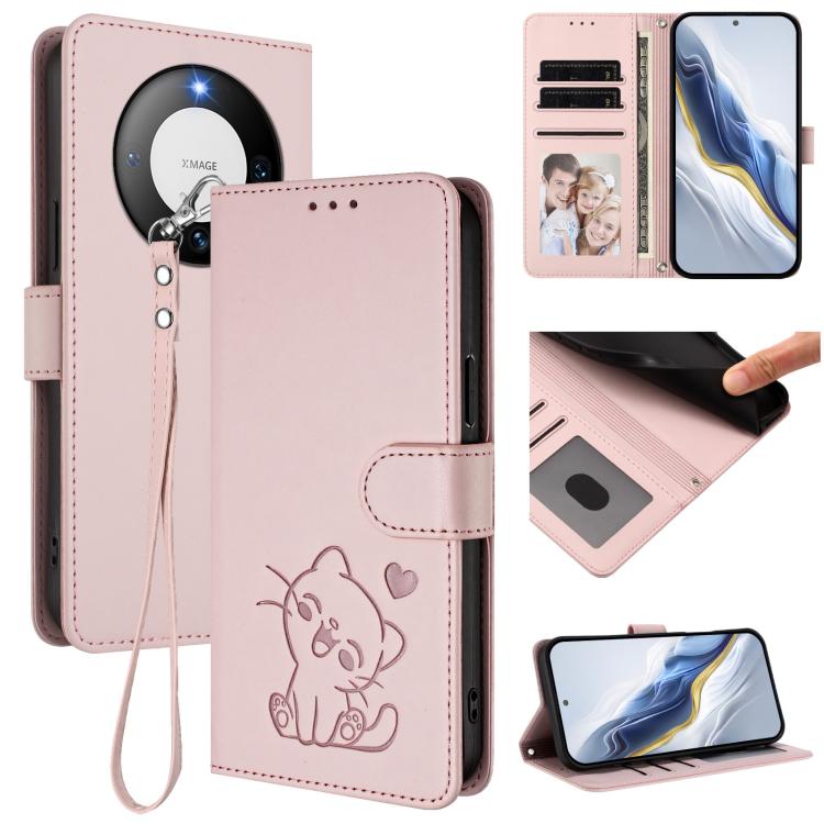 Embossed Heart Cat Leather Phone Case with Hand Strap, For Huawei Pura 70 Pro / Pura 70 Pro+, For Huawei Pura 70 Ultra, For Huawei nova 12s / nova 12 Lite / nova 11, For Huawei Pura 70, For Huawei Mate 60 Pro / Mate 60 Pro+, For Huawei Mate 60         ...