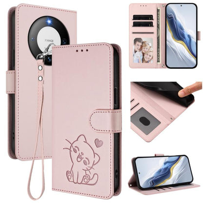 Embossed Heart Cat Leather Phone Case with Hand Strap, For Huawei Pura 70 Pro / Pura 70 Pro+, For Huawei Pura 70 Ultra, For Huawei nova 12s / nova 12 Lite / nova 11, For Huawei Pura 70, For Huawei Mate 60 Pro / Mate 60 Pro+, For Huawei Mate 60         ...