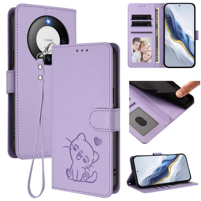 Embossed Heart Cat Leather Phone Case with Hand Strap, For Huawei Pura 70 Pro / Pura 70 Pro+, For Huawei Pura 70 Ultra, For Huawei nova 12s / nova 12 Lite / nova 11, For Huawei Pura 70, For Huawei Mate 60 Pro / Mate 60 Pro+, For Huawei Mate 60         ...