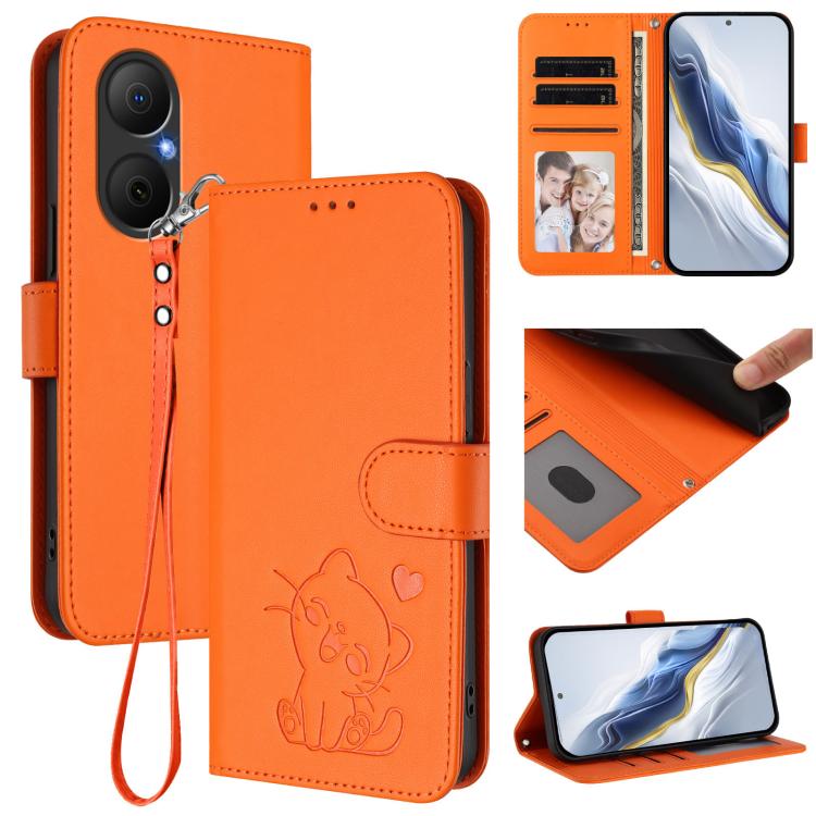 Embossed Heart Cat Leather Phone Case with Hand Strap, For Huawei nova 14 Ultra, For Huawei nova 14 Pro, For Huawei nova 14, For Huawei Enjoy 80 / Nova Y73, For Huawei nova 13i / nova 12i Global, For Huawei Mate 70 Pro, For Huawei Mate 70              ...