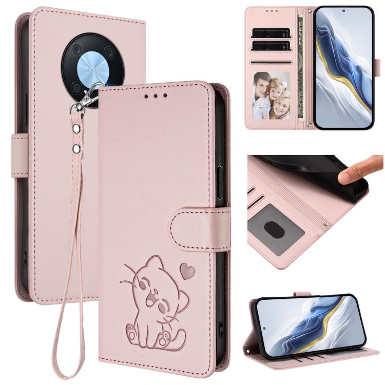 Embossed Heart Cat Leather Phone Case with Hand Strap, For Huawei Enjoy 50 Pro / nova Y90, For Huawei nova 9 SE