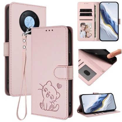 Embossed Heart Cat Leather Phone Case with Hand Strap, For Huawei Enjoy 50 Pro / nova Y90, For Huawei nova 9 SE