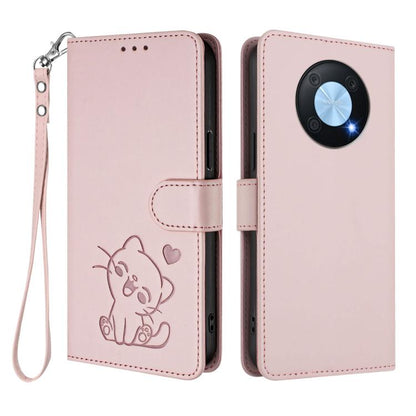 Embossed Heart Cat Leather Phone Case with Hand Strap, For Huawei Enjoy 50 Pro / nova Y90, For Huawei nova 9 SE