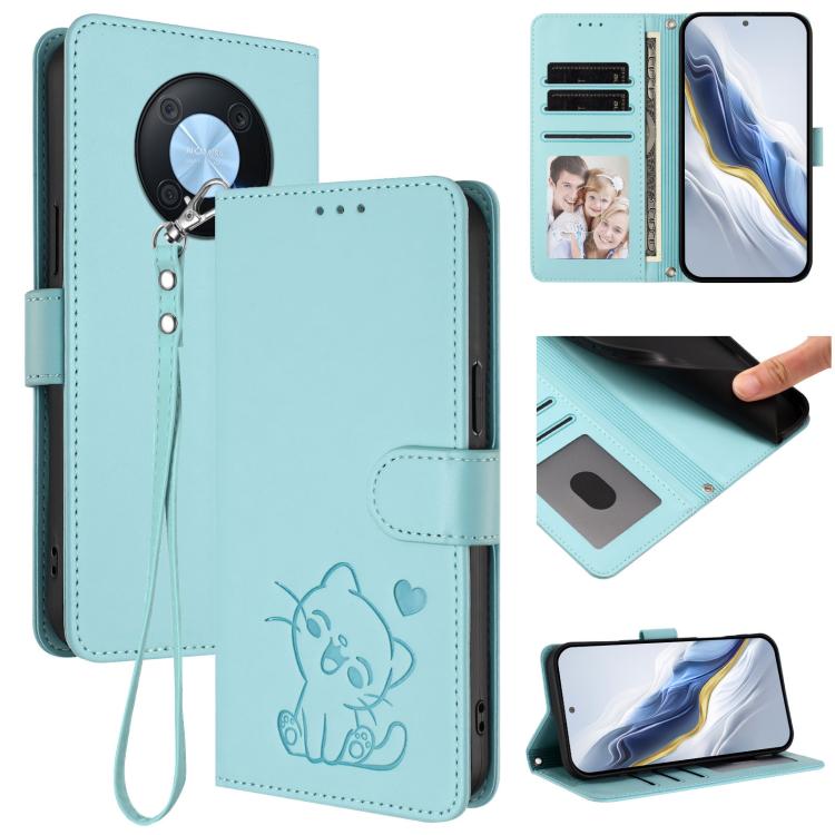 Embossed Heart Cat Leather Phone Case with Hand Strap, For Huawei Enjoy 50 Pro / nova Y90, For Huawei nova 9 SE