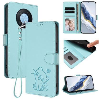 Embossed Heart Cat Leather Phone Case with Hand Strap, For Huawei Enjoy 50 Pro / nova Y90, For Huawei nova 9 SE