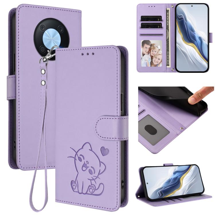 Embossed Heart Cat Leather Phone Case with Hand Strap, For Huawei Enjoy 50 Pro / nova Y90, For Huawei nova 9 SE