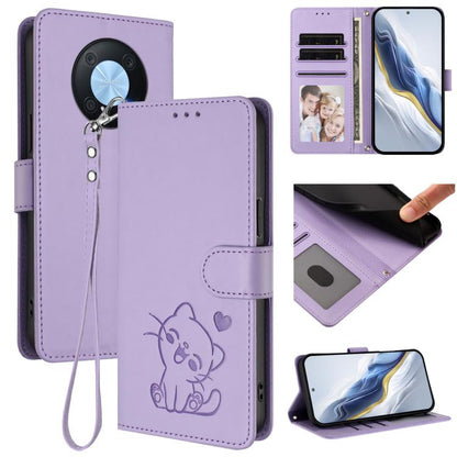 Embossed Heart Cat Leather Phone Case with Hand Strap, For Huawei Enjoy 50 Pro / nova Y90, For Huawei nova 9 SE