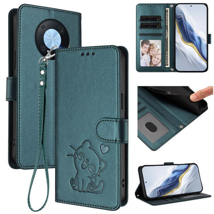 Embossed Heart Cat Leather Phone Case with Hand Strap, For Huawei Enjoy 50 Pro / nova Y90, For Huawei nova 9 SE