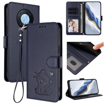 Embossed Heart Cat Leather Phone Case with Hand Strap, For Huawei Enjoy 50 Pro / nova Y90, For Huawei nova 9 SE