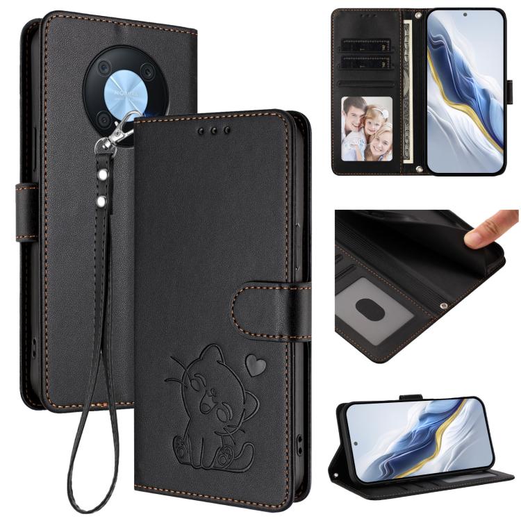 Embossed Heart Cat Leather Phone Case with Hand Strap, For Huawei Enjoy 50 Pro / nova Y90, For Huawei nova 9 SE