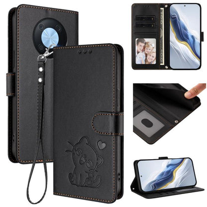 Embossed Heart Cat Leather Phone Case with Hand Strap, For Huawei Enjoy 50 Pro / nova Y90, For Huawei nova 9 SE