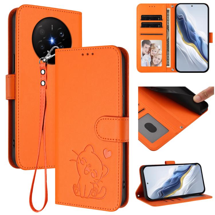 Embossed Heart Cat Leather Phone Case with Hand Strap, For Huawei nova 15 / nova 16z, For Huawei nova 16, For Huawei Pura 90 Pro Max 5G, For Huawei Pura 90 Pro 5G, For Huawei Mate 70 Air 5G, For Huawei Pura 80 Ultra 5G                                  ...