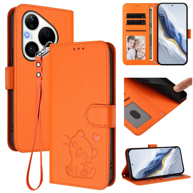 Embossed Heart Cat Leather Phone Case with Hand Strap, For Huawei nova 15 / nova 16z, For Huawei nova 16, For Huawei Pura 90 Pro Max 5G, For Huawei Pura 90 Pro 5G, For Huawei Mate 70 Air 5G, For Huawei Pura 80 Ultra 5G                                  ...