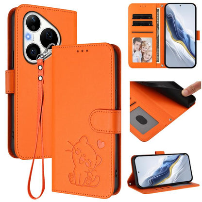 Embossed Heart Cat Leather Phone Case with Hand Strap, For Huawei nova 15 / nova 16z, For Huawei nova 16, For Huawei Pura 90 Pro Max 5G, For Huawei Pura 90 Pro 5G, For Huawei Mate 70 Air 5G, For Huawei Pura 80 Ultra 5G                                  ...