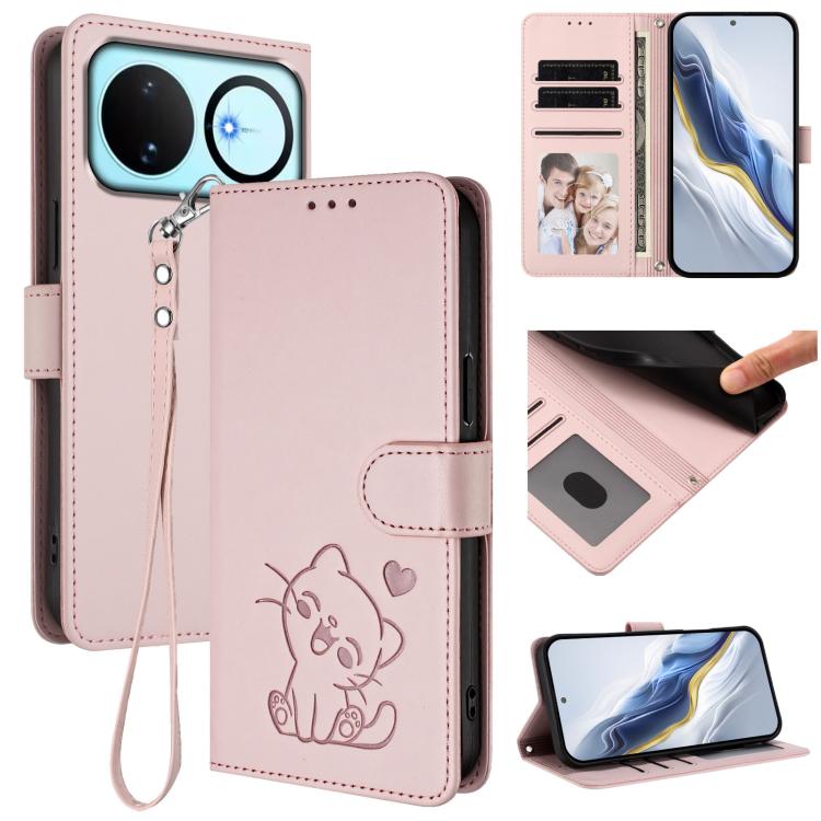Embossed Heart Cat Leather Phone Case with Hand Strap, For Huawei nova 15 / nova 16z, For Huawei nova 16, For Huawei Pura 90 Pro Max 5G, For Huawei Pura 90 Pro 5G, For Huawei Mate 70 Air 5G, For Huawei Pura 80 Ultra 5G                                  ...