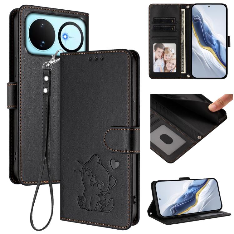 Embossed Heart Cat Leather Phone Case with Hand Strap, For Huawei nova 15 / nova 16z, For Huawei nova 16, For Huawei Pura 90 Pro Max 5G, For Huawei Pura 90 Pro 5G, For Huawei Mate 70 Air 5G, For Huawei Pura 80 Ultra 5G                                  ...