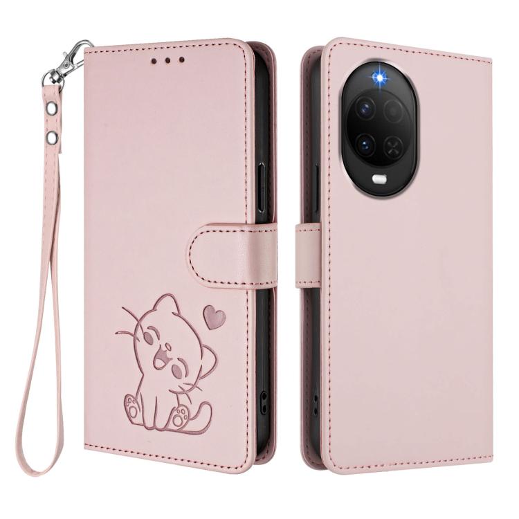 Embossed Heart Cat Leather Phone Case with Hand Strap, For Huawei nova 15 / nova 16z, For Huawei nova 16, For Huawei Pura 90 Pro Max 5G, For Huawei Pura 90 Pro 5G, For Huawei Mate 70 Air 5G, For Huawei Pura 80 Ultra 5G                                  ...