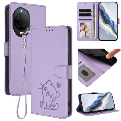 Embossed Heart Cat Leather Phone Case with Hand Strap, For Huawei nova 15 / nova 16z, For Huawei nova 16, For Huawei Pura 90 Pro Max 5G, For Huawei Pura 90 Pro 5G, For Huawei Mate 70 Air 5G, For Huawei Pura 80 Ultra 5G                                  ...