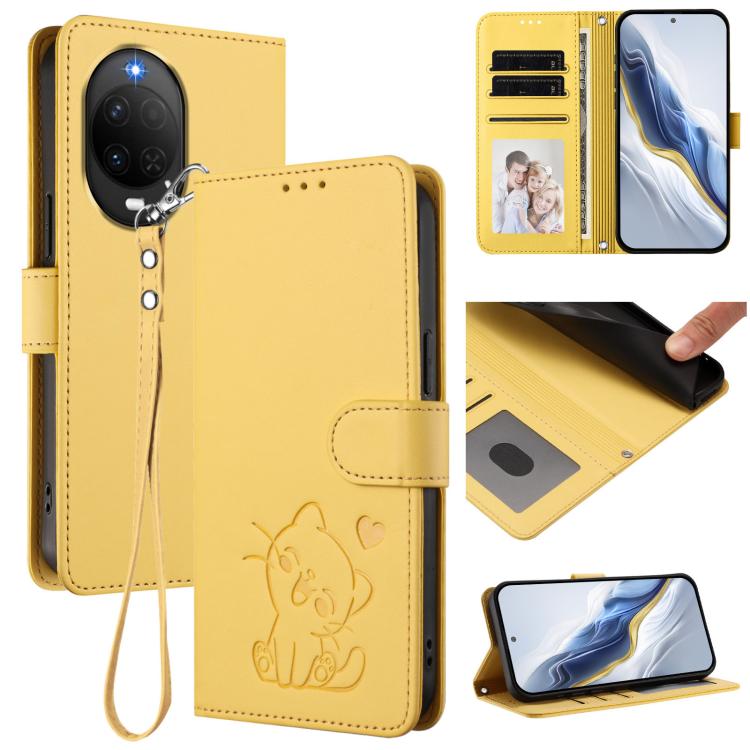 Embossed Heart Cat Leather Phone Case with Hand Strap, For Huawei nova 15 / nova 16z, For Huawei nova 16, For Huawei Pura 90 Pro Max 5G, For Huawei Pura 90 Pro 5G, For Huawei Mate 70 Air 5G, For Huawei Pura 80 Ultra 5G                                  ...