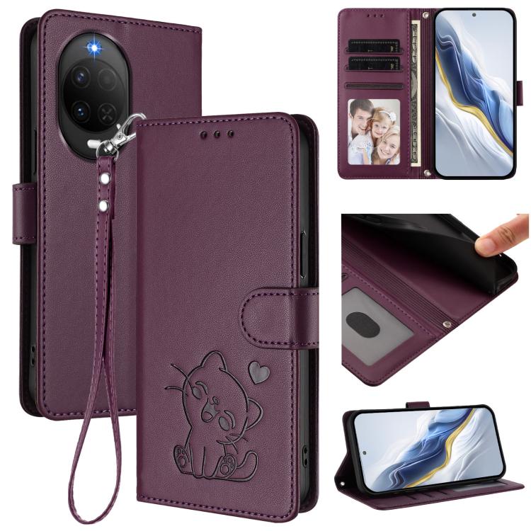 Embossed Heart Cat Leather Phone Case with Hand Strap, For Huawei nova 15 / nova 16z, For Huawei nova 16, For Huawei Pura 90 Pro Max 5G, For Huawei Pura 90 Pro 5G, For Huawei Mate 70 Air 5G, For Huawei Pura 80 Ultra 5G                                  ...