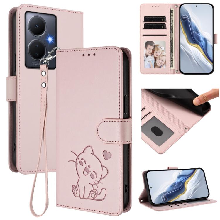 Embossed Heart Cat Leather Phone Case with Hand Strap, For vivo Y35+ / Y35m+ / Y27 4G 2023, For vivo Y02 / Y02A / Y02t / Y11 2023, For vivo Y78 / Y78+ / V29 Lite, For vivo Y100 5G / vivo Y100A Global, For vivo S16 / S16 Pro / V27 / V27 Pro             ...