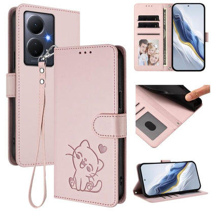 Embossed Heart Cat Leather Phone Case with Hand Strap, For vivo Y35+ / Y35m+ / Y27 4G 2023, For vivo Y02 / Y02A / Y02t / Y11 2023, For vivo Y78 / Y78+ / V29 Lite, For vivo Y100 5G / vivo Y100A Global, For vivo S16 / S16 Pro / V27 / V27 Pro             ...
