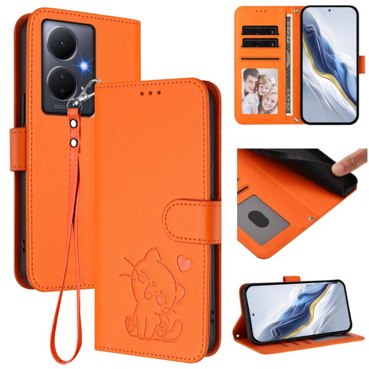 Embossed Heart Cat Leather Phone Case with Hand Strap, For vivo Y35+ / Y35m+ / Y27 4G 2023, For vivo Y02 / Y02A / Y02t / Y11 2023, For vivo Y78 / Y78+ / V29 Lite, For vivo Y100 5G / vivo Y100A Global, For vivo S16 / S16 Pro / V27 / V27 Pro             ...
