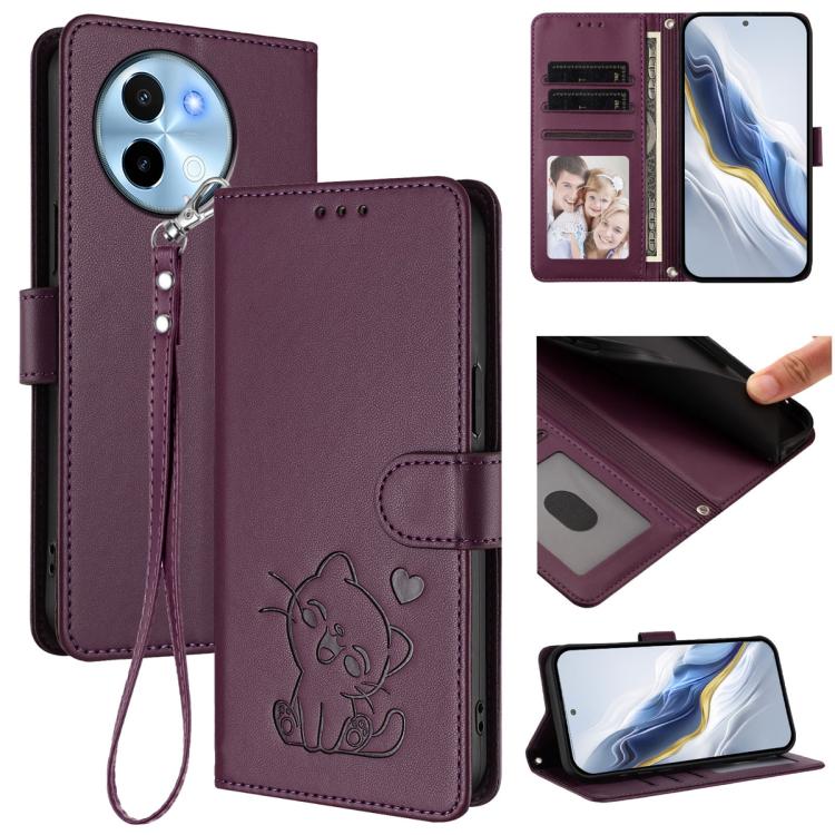 Embossed Heart Cat Leather Phone Case with Hand Strap, For vivo Y38 / vivo T3x Global, For vivo iQOO Z9x, For vivo iQOO Z9 / iQOO Z9 Turbo, For vivo S18 / S18 Pro / V30 / V30 Pro, For vivo V29e / V30 Lite 5G / Y200 5G Global, For vivo X100             ...