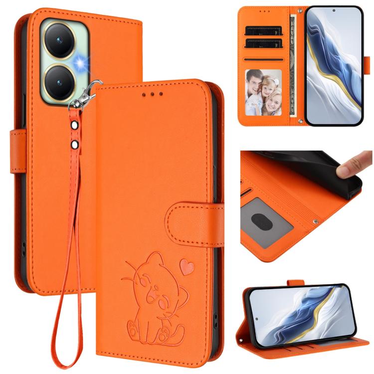 Embossed Heart Cat Leather Phone Case with Hand Strap, For vivo Y35+ / Y35m+ / Y27 4G 2023, For vivo Y02 / Y02A / Y02t / Y11 2023, For vivo Y78 / Y78+ / V29 Lite, For vivo Y100 5G / vivo Y100A Global, For vivo S16 / S16 Pro / V27 / V27 Pro             ...