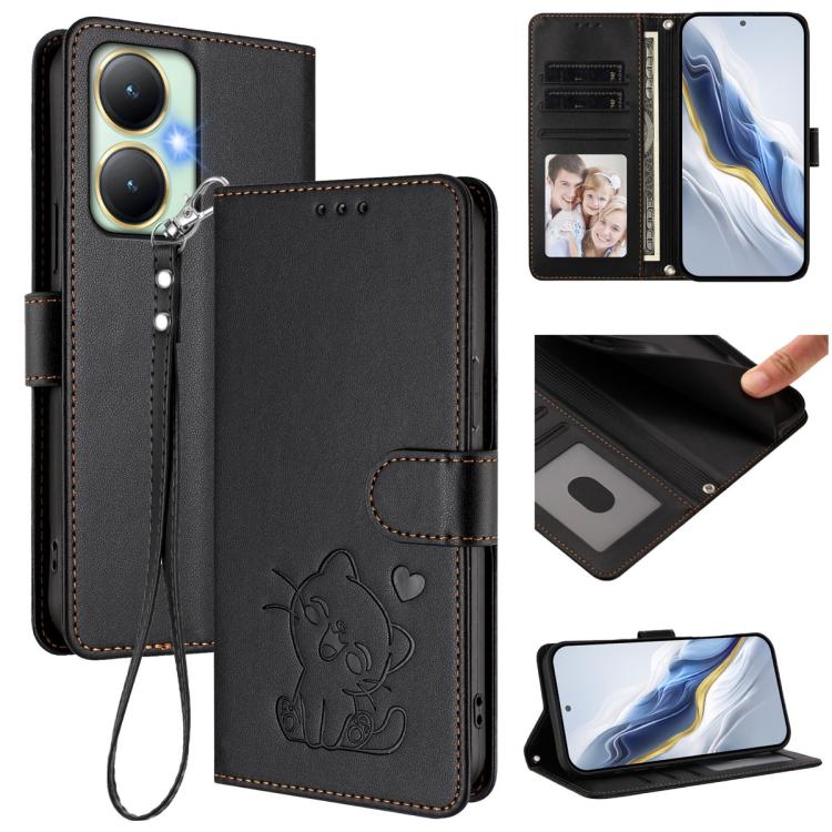 Embossed Heart Cat Leather Phone Case with Hand Strap, For vivo Y35+ / Y35m+ / Y27 4G 2023, For vivo Y02 / Y02A / Y02t / Y11 2023, For vivo Y78 / Y78+ / V29 Lite, For vivo Y100 5G / vivo Y100A Global, For vivo S16 / S16 Pro / V27 / V27 Pro             ...