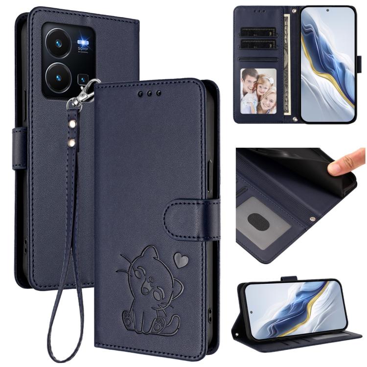 Embossed Heart Cat Leather Phone Case with Hand Strap, For vivo Y35+ / Y35m+ / Y27 4G 2023, For vivo Y02 / Y02A / Y02t / Y11 2023, For vivo Y78 / Y78+ / V29 Lite, For vivo Y100 5G / vivo Y100A Global, For vivo S16 / S16 Pro / V27 / V27 Pro             ...
