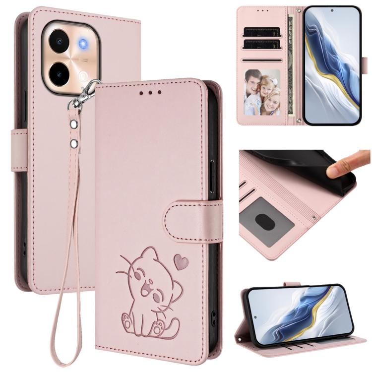Embossed Heart Cat Leather Phone Case with Hand Strap, For vivo iQOO Z9s / vivo V40e, For vivo S19 Pro / V40 / V40 Pro / T3 Ultra, For vivo iQOO Z9 Lite / Y18 / Y28s / Y37m 5G, For vivo iQOO Z9s Pro / vivo T3 Pro 5G, For vivo V40 Lite 5G / vivo V30e   ...
