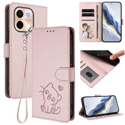 Embossed Heart Cat Leather Phone Case with Hand Strap, For vivo iQOO Z9s / vivo V40e, For vivo S19 Pro / V40 / V40 Pro / T3 Ultra, For vivo iQOO Z9 Lite / Y18 / Y28s / Y37m 5G, For vivo iQOO Z9s Pro / vivo T3 Pro 5G, For vivo V40 Lite 5G / vivo V30e   ...