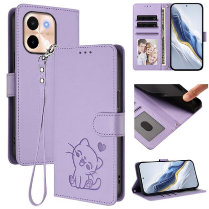 Embossed Heart Cat Leather Phone Case with Hand Strap, For vivo iQOO Z9s / vivo V40e, For vivo S19 Pro / V40 / V40 Pro / T3 Ultra, For vivo iQOO Z9 Lite / Y18 / Y28s / Y37m 5G, For vivo iQOO Z9s Pro / vivo T3 Pro 5G, For vivo V40 Lite 5G / vivo V30e   ...