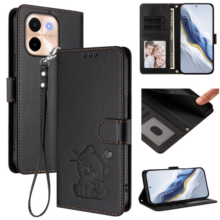 Embossed Heart Cat Leather Phone Case with Hand Strap, For vivo iQOO Z9s / vivo V40e, For vivo S19 Pro / V40 / V40 Pro / T3 Ultra, For vivo iQOO Z9 Lite / Y18 / Y28s / Y37m 5G, For vivo iQOO Z9s Pro / vivo T3 Pro 5G, For vivo V40 Lite 5G / vivo V30e   ...
