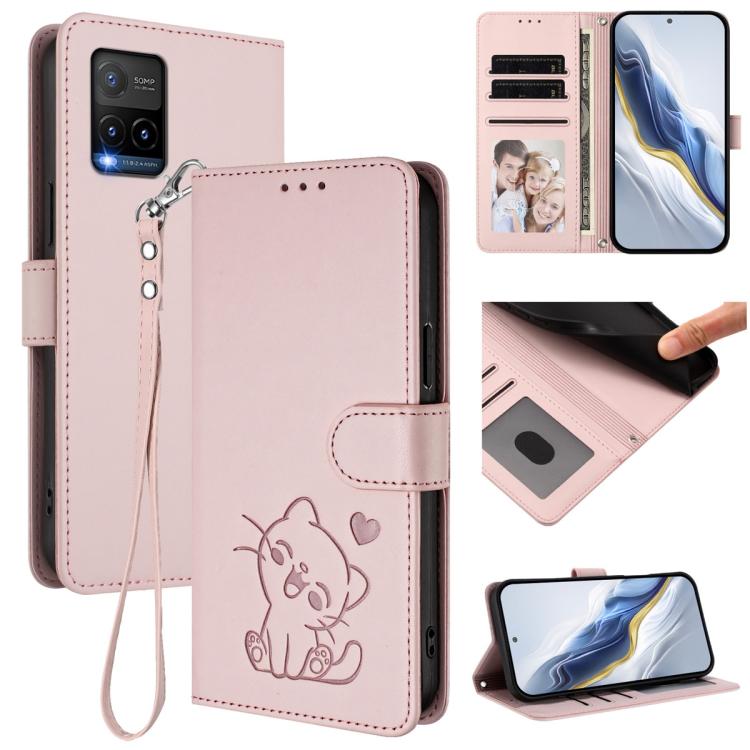 Embossed Heart Cat Leather Phone Case with Hand Strap, For vivo Y21t / vivo Y21e
