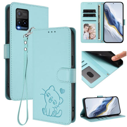 Embossed Heart Cat Leather Phone Case with Hand Strap, For vivo Y21t / vivo Y21e