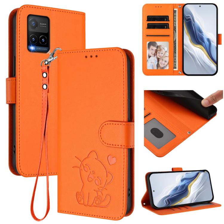 Embossed Heart Cat Leather Phone Case with Hand Strap, For vivo Y21t / vivo Y21e