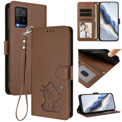 Embossed Heart Cat Leather Phone Case with Hand Strap, For vivo Y21t / vivo Y21e