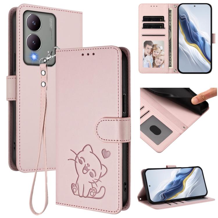 Embossed Heart Cat Leather Phone Case with Hand Strap, For vivo Y38 / vivo T3x Global, For vivo iQOO Z9x, For vivo iQOO Z9 / iQOO Z9 Turbo, For vivo S18 / S18 Pro / V30 / V30 Pro, For vivo V29e / V30 Lite 5G / Y200 5G Global, For vivo X100             ...