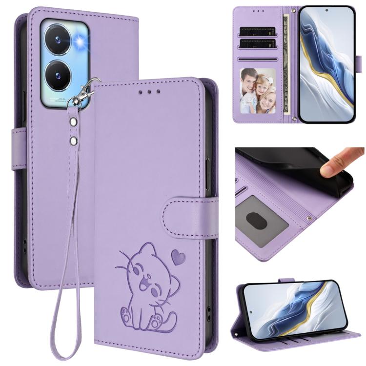 Embossed Heart Cat Leather Phone Case with Hand Strap, For vivo Y35+ / Y35m+ / Y27 4G 2023, For vivo Y02 / Y02A / Y02t / Y11 2023, For vivo Y78 / Y78+ / V29 Lite, For vivo Y100 5G / vivo Y100A Global, For vivo S16 / S16 Pro / V27 / V27 Pro             ...