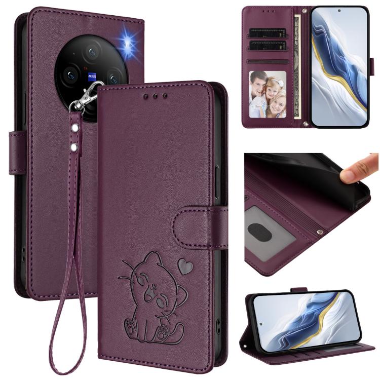 Embossed Heart Cat Leather Phone Case with Hand Strap, For vivo iQOO Z9s / vivo V40e, For vivo S19 Pro / V40 / V40 Pro / T3 Ultra, For vivo iQOO Z9 Lite / Y18 / Y28s / Y37m 5G, For vivo iQOO Z9s Pro / vivo T3 Pro 5G, For vivo V40 Lite 5G / vivo V30e   ...