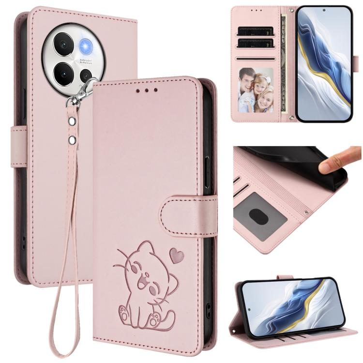 Embossed Heart Cat Leather Phone Case with Hand Strap, For vivo iQOO Z9s / vivo V40e, For vivo S19 Pro / V40 / V40 Pro / T3 Ultra, For vivo iQOO Z9 Lite / Y18 / Y28s / Y37m 5G, For vivo iQOO Z9s Pro / vivo T3 Pro 5G, For vivo V40 Lite 5G / vivo V30e   ...