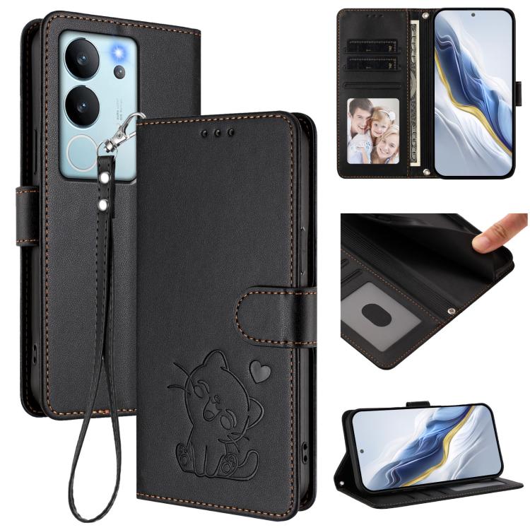 Embossed Heart Cat Leather Phone Case with Hand Strap, For vivo Y38 / vivo T3x Global, For vivo iQOO Z9x, For vivo iQOO Z9 / iQOO Z9 Turbo, For vivo S18 / S18 Pro / V30 / V30 Pro, For vivo V29e / V30 Lite 5G / Y200 5G Global, For vivo X100             ...