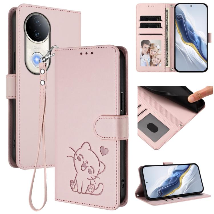 Embossed Heart Cat Leather Phone Case with Hand Strap, For vivo Y29s 5G / vivo Y04 4G Global, For vivo Y19s / vivo Y29 5G, For vivo S20, For vivo S20 Pro, For vivo Y300 / V40 Lite 4G / 5G IDN, For vivo X200, For vivo X200 Pro mini, For vivo X200 Pro   ...