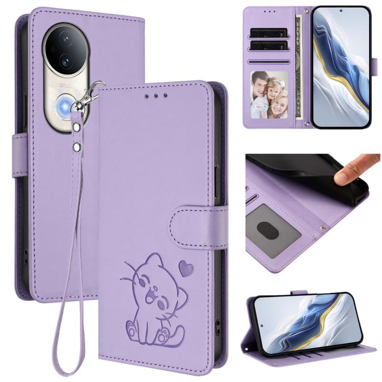 Embossed Heart Cat Leather Phone Case with Hand Strap, For vivo Y29s 5G / vivo Y04 4G Global, For vivo Y19s / vivo Y29 5G, For vivo S20, For vivo S20 Pro, For vivo Y300 / V40 Lite 4G / 5G IDN, For vivo X200, For vivo X200 Pro mini, For vivo X200 Pro   ...