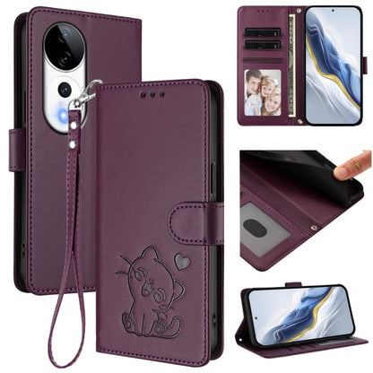 Embossed Heart Cat Leather Phone Case with Hand Strap, For vivo iQOO Z9s / vivo V40e, For vivo S19 Pro / V40 / V40 Pro / T3 Ultra, For vivo iQOO Z9 Lite / Y18 / Y28s / Y37m 5G, For vivo iQOO Z9s Pro / vivo T3 Pro 5G, For vivo V40 Lite 5G / vivo V30e   ...