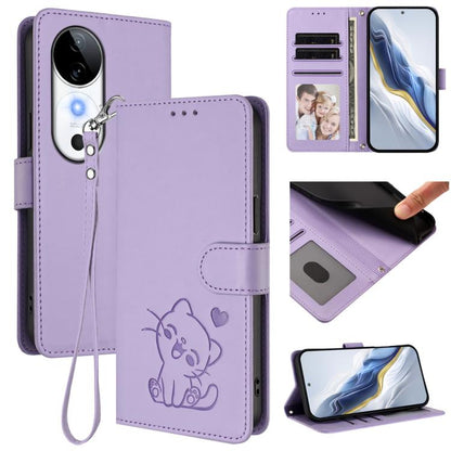 Embossed Heart Cat Leather Phone Case with Hand Strap, For vivo iQOO Z9s / vivo V40e, For vivo S19 Pro / V40 / V40 Pro / T3 Ultra, For vivo iQOO Z9 Lite / Y18 / Y28s / Y37m 5G, For vivo iQOO Z9s Pro / vivo T3 Pro 5G, For vivo V40 Lite 5G / vivo V30e   ...