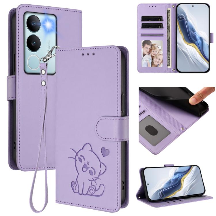 Embossed Heart Cat Leather Phone Case with Hand Strap, For vivo Y38 / vivo T3x Global, For vivo iQOO Z9x, For vivo iQOO Z9 / iQOO Z9 Turbo, For vivo S18 / S18 Pro / V30 / V30 Pro, For vivo V29e / V30 Lite 5G / Y200 5G Global, For vivo X100             ...