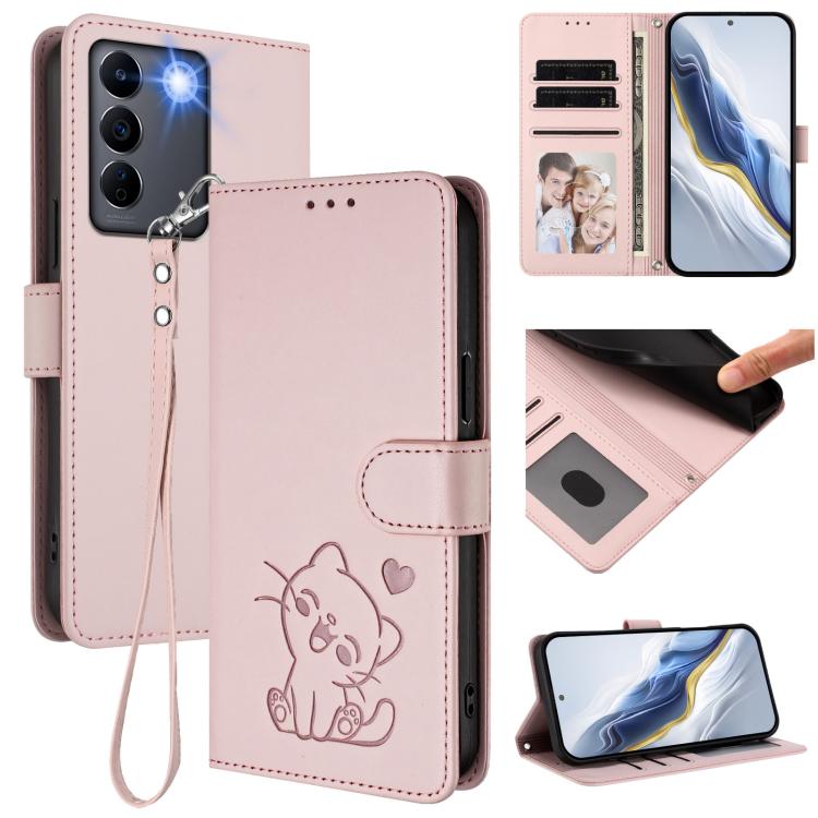Embossed Heart Cat Leather Phone Case with Hand Strap, For vivo Y35+ / Y35m+ / Y27 4G 2023, For vivo Y02 / Y02A / Y02t / Y11 2023, For vivo Y78 / Y78+ / V29 Lite, For vivo Y100 5G / vivo Y100A Global, For vivo S16 / S16 Pro / V27 / V27 Pro             ...